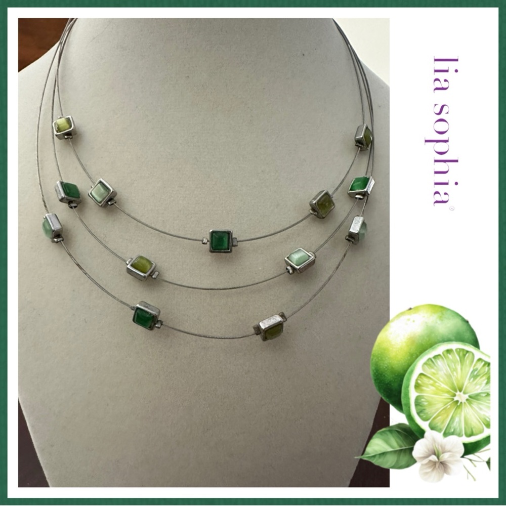 Lia Sophia LIME ZEST 3-Strand 16-19” Necklace. Greens. Silver Tone.